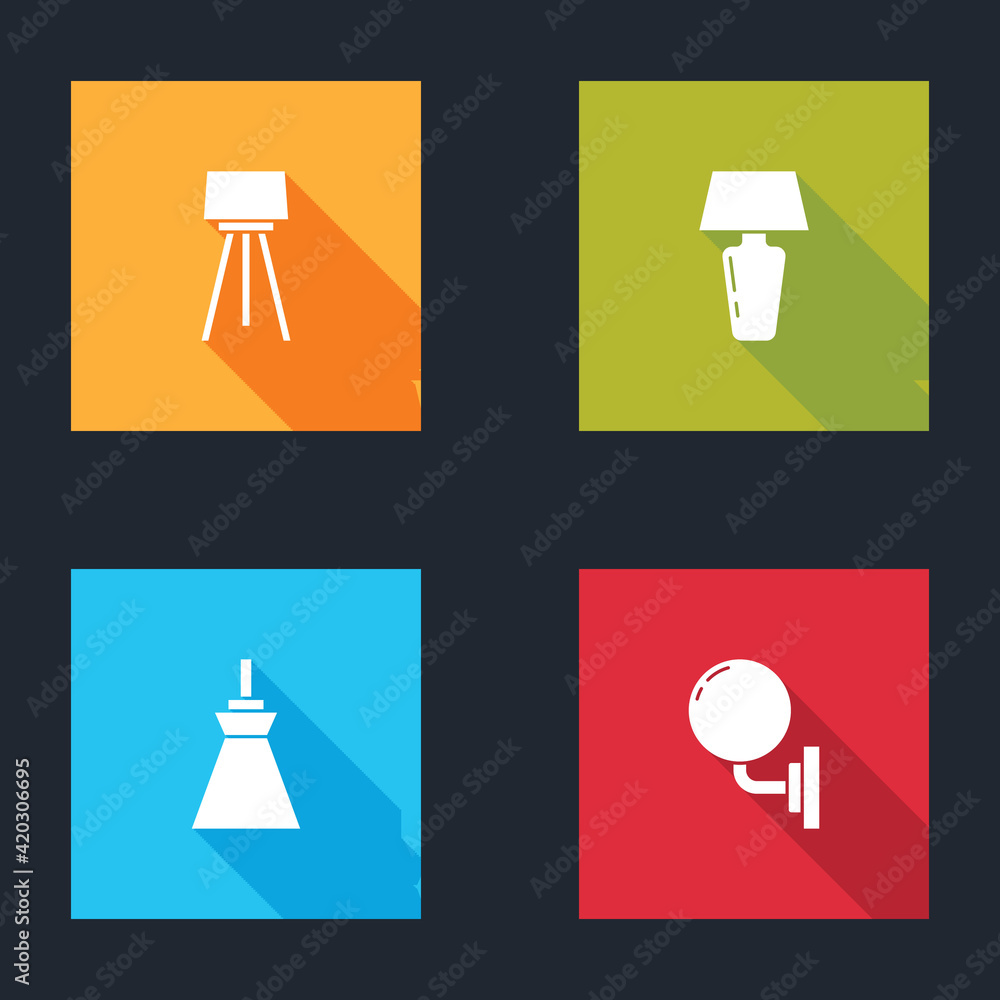 Set Floor lamp, Table, Lamp hanging and Wall sconce icon. Vector Set Floor lamp, Table, Lamp hanging and Wall sconce icon. Vector