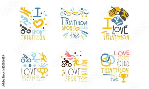 Triathlon Sport Logo Design Set, Marathon, Competition, Tournament Emblems Cartoon Hand Drawn Vector Illustration © topvectors