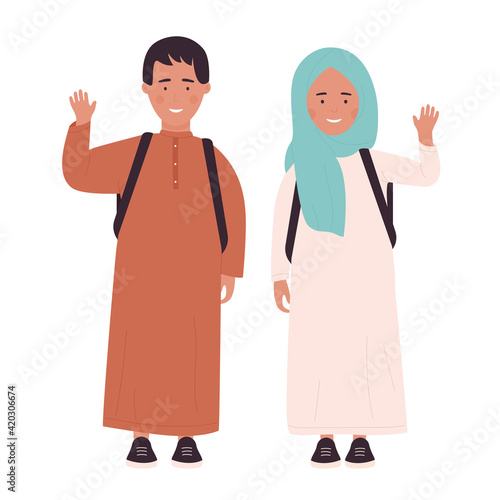 Muslim girl and boy teenagers vector illustration. Cartoon arab schoolboy, schoolgirl with school bag standing together and waving, young happy islamic arabian teen students greeting isolated on white
