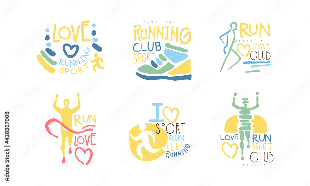 I Love Run Logo Design Set, Sport Club, Fitness Studio, Tournament, Marathons Emblems Hand Drawn Vector Illustration