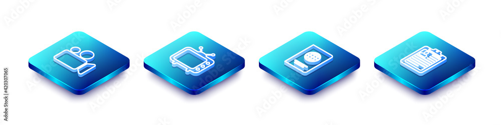 Set Isometric line Movie or Video camera, Television tv, Passport and Clipboard with resume icon. Vector Set Isometric line Movie or Video camera, Television tv, Passport and Clipboard with resume icon. Vector