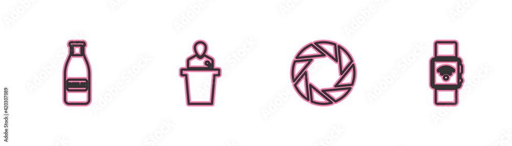 Set line Glass bottle milk and cap, Camera shutter, Speaker and Smartwatch with wireless icon. Vector Set line Glass bottle milk and cap, Camera shutter, Speaker and Smartwatch with wireless icon. Vector
