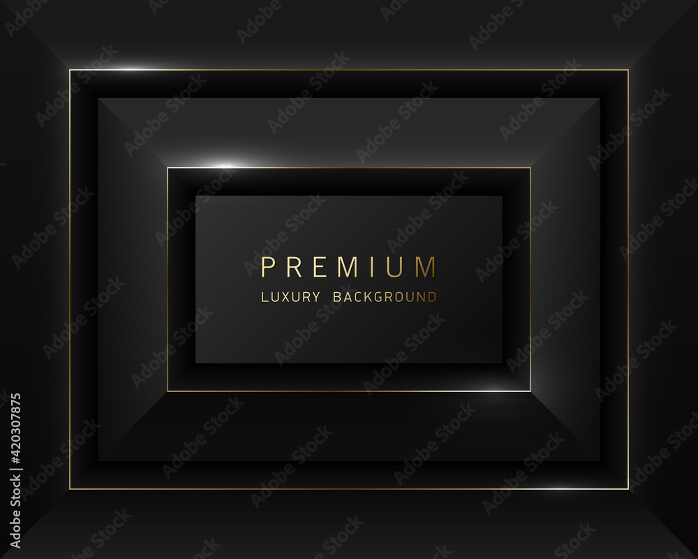 Vector black abstract rectangular luxury frame. Premium label dark design faceted background. Golden line frame. Tech layered border Vector black abstract rectangular luxury frame. Premium label dark design faceted background. Golden line frame. Tech layered border