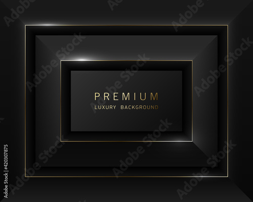 Vector black abstract rectangular luxury frame. Premium label dark design faceted background. Golden line frame. Tech layered border