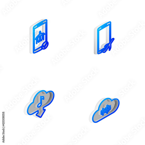 Set Isometric line Flight mode in the mobile, , Cloud download music and Music streaming service icon. Vector