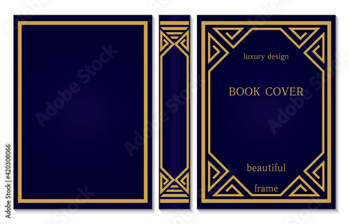 Book cover and spine design template. Classical frames. Art Deco certificate design. Geometric pattern. Presentation cover.