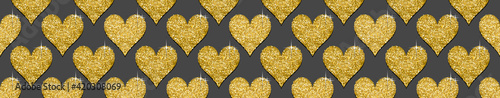 Panorama of gold textured hearts on dark gray background.