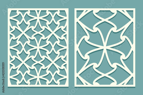 Set of laser cut template panels. Die and laser cutting screen waves pattern. Decorative lace trellis patterns. Set for printing, engraving, paper cutting, greeting card templates.