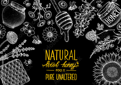 Honey hand drawn vector illustration. Healthy food illustration. Lettering Natural local honey 100% PURE UNALTERED. Honeycomb, flowers, jar of honey sketch.