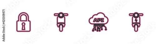 Set line Lock, Cloud api interface, Scooter and Electric scooter icon. Vector