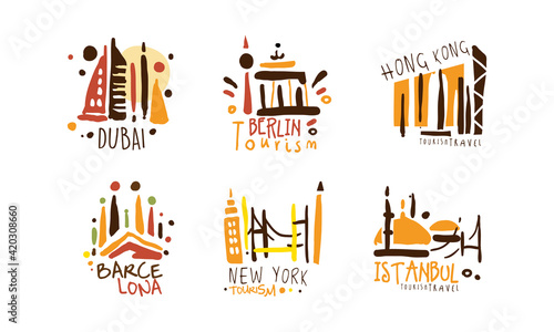 Touristic Logo Templates Design, Travel over the World, Dubai, Berlin, Hong Kong, Barcelona, New York, Istanbul Emblems Hand Drawn Vector Illustration