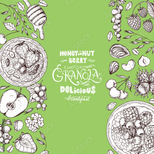 Granola sketch illustration. Oat flakes , berries, fruits and nuts. Breakfast top view frame. Morning food menu design. Hand drawn vector illustration.