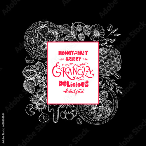 Granola sketch illustration. Breakfast label. Oat flakes , berries, fruits and nuts. Breakfast top view frame. Morning food menu design. Hand drawn sketch vector illustration.