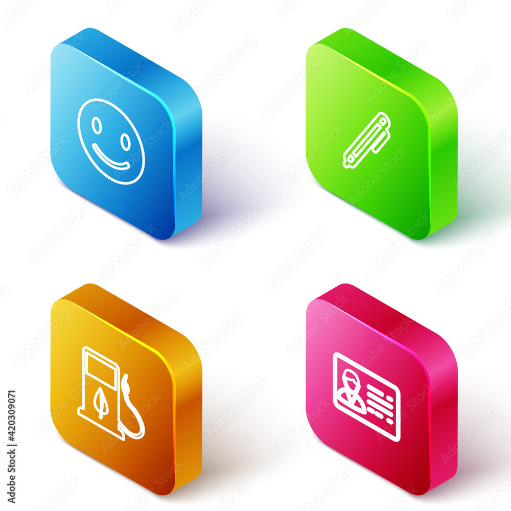Set Isometric line Smile face, Pen, Bio fuel with fueling nozzle and Identification badge icon. Vector Set Isometric line Smile face, Pen, Bio fuel with fueling nozzle and Identification badge icon. Vector