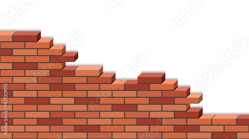 3d Brick wall broken isolated on white background. Red isometric bricks  stonewall of destroyed building or house. Flat design  background for cartoon or game asset. Vector illustration