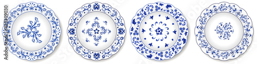 Decorative porcelain plates with blue on white pattern. Chinese style design, abstract floral ornament. Set of isolated objects. Vector illustration