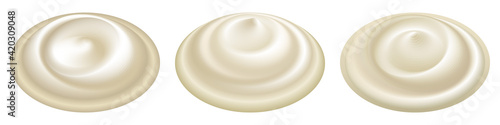 Cream swirls, mayonnaise sauce, creamy dessert, amooth mousse or foam. Realistic soft texture.  Isolated on white background. Vector illustration