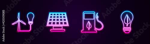Set line Light bulb with wind turbine, Solar energy panel, Bio fuel fueling nozzle and leaf. Glowing neon icon. Vector