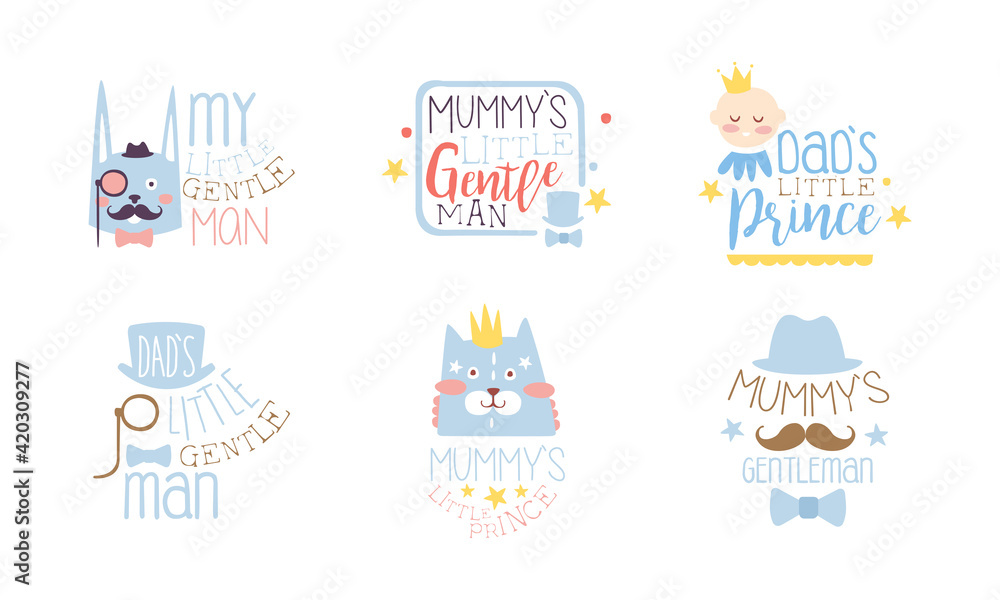 Obraz premium Dads Little Prince Labels Set, Cute Emblems in Light Blue Colors, Baby Shower, Birthday Party Design Element Hand Drawn Vector Illustration