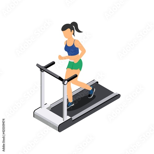 Isometric 3D vector illustration the girl is running on the treadmill