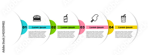 Set line Burger, Soda can with drinking straw, Ice cream and Glass water. Business infographic template. Vector