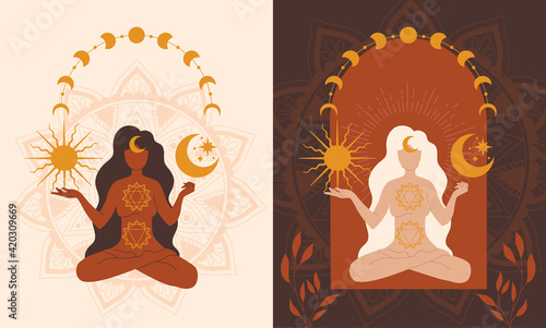 Two color variants of a spiritual woman with mystical icons