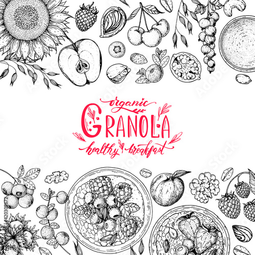 Granola ingredients illustration. Oat flakes , berries, fruits and nuts hand drawn sketch. Breakfast top view frame. Morning food menu design. Hand drawn vector illustration.