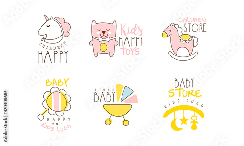 Baby Store Logo Design Collection, Kids Toys Cute Hand Drawn Emblems Vector Illustration