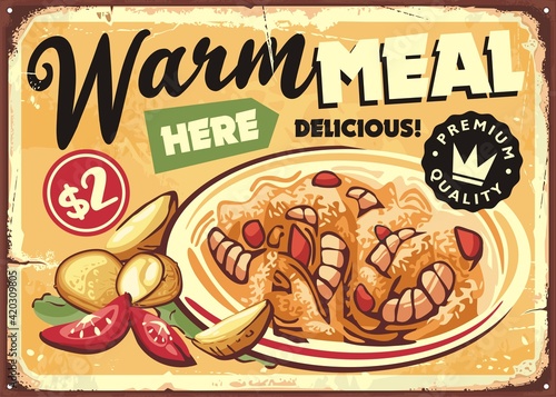 Restaurant sign with food menu board. Warm meal dish with risotto, shrimps, potatoes and tomato. Vintage diner poster. Lunch time advertisement. Vector illustration.