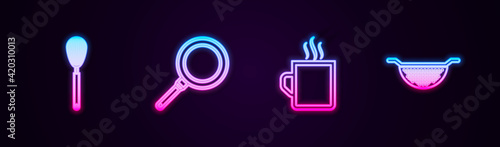 Set line Kitchen whisk, Frying pan, Coffee cup and colander. Glowing neon icon. Vector