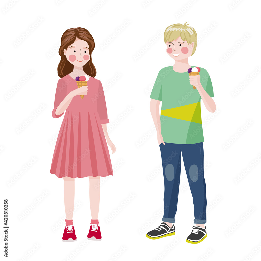 Boy and girl standing and eating ice cream. Children communicate. Teen relationship. 
