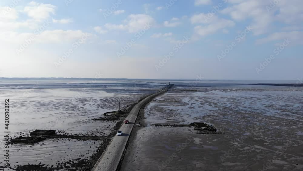 Aerial view of Noirmoutier submergible road (Gois). The passage du Gois at low tide (Vendee, France) The road called the Passage Du Gois to go to the island of Noirmoutier, France.
