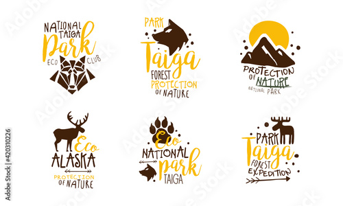 National Park Eco Club Logo Templates Design Set, Taiga, Forest, Protection of Nature Hand Drawn Emblems Vector Illustration