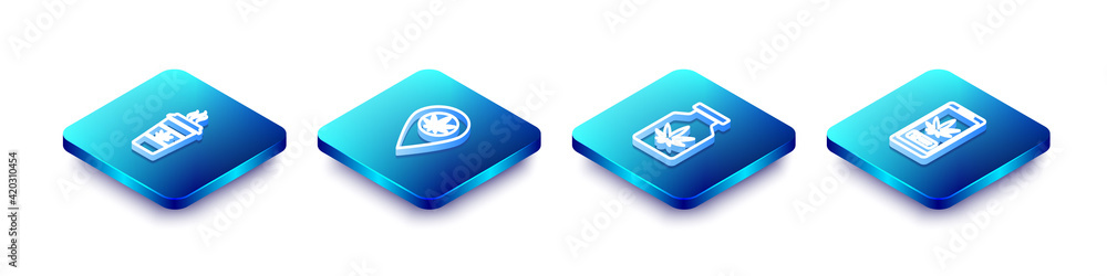 Set Isometric line Cup coffee with marijuana, Location and, Medical bottle and Online buying icon. Vector Set Isometric line Cup coffee with marijuana, Location and, Medical bottle and Online buying icon. Vector
