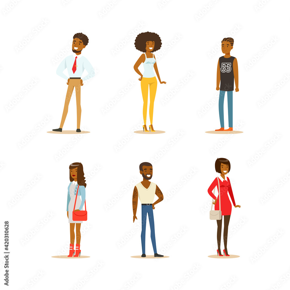 African American People Set. Full Length Portraits of Men and Women Dressed Office Style Smart Suit and Casual Clothes Cartoon Vector Illustration African American People Set. Full Length Portraits of Men and Women Dressed Office Style Smart Suit and Casual Clothes Cartoon Vector Illustration