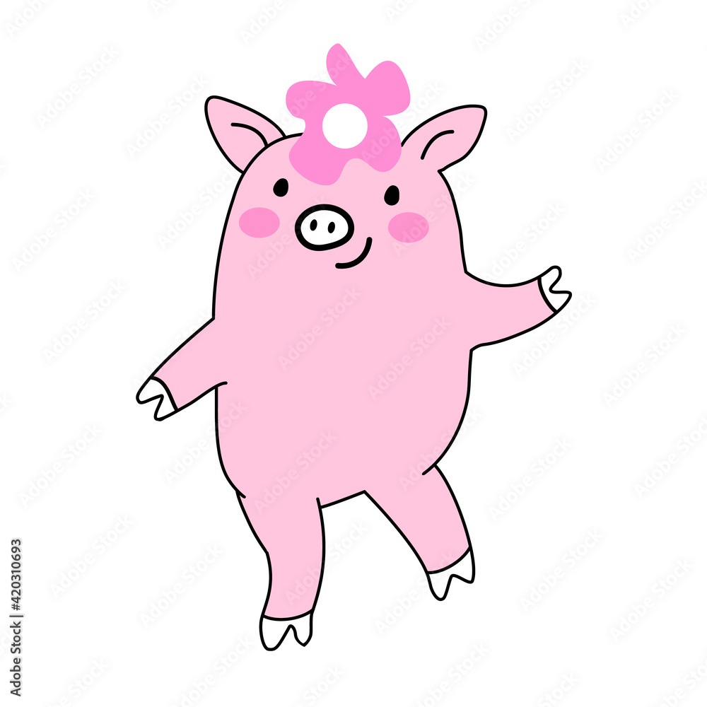 Dancing funny pink pig with flower on head. Cute cartoon vector illustration isolated on white background. Can be used for greeting card,T-shirt,holiday decoration