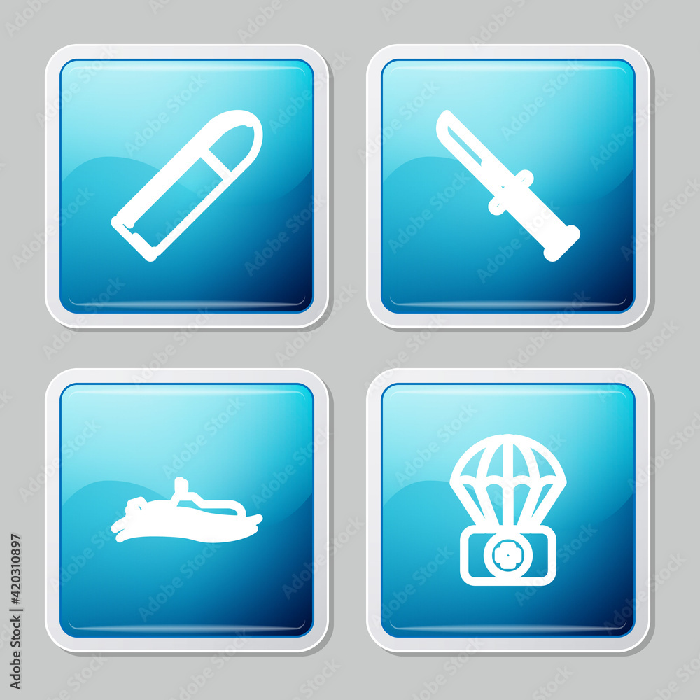 Set line Bullet, Military knife, Submarine and Parachute with first aid kit icon. Vector Set line Bullet, Military knife, Submarine and Parachute with first aid kit icon. Vector