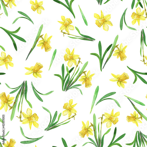 Spring flower seamless pattern Watercolor yellow narcissus © inna72