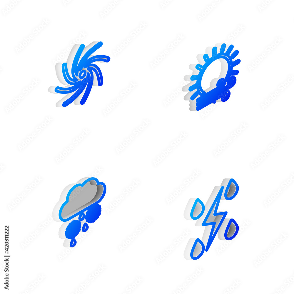 Set Isometric line Wind and sun, Tornado, Cloud with snow rain and Storm icon. Vector