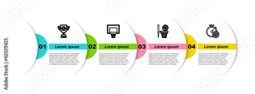 Set line Award cup with basketball ball, Basketball backboard, and and Stopwatch. Business infographic template. Vector