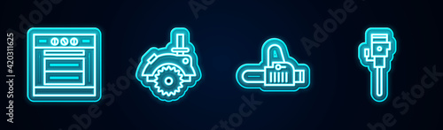 Set line Oven, Electric circular saw, Chainsaw and Construction jackhammer. Glowing neon icon. Vector