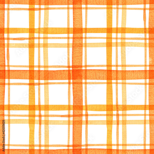 Orange tartan seamless pattern. Watercolor plaid background