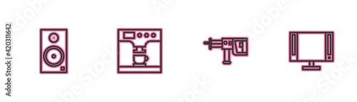 Set line Stereo speaker, Rotary hammer drill machine, Coffee and cup and Smart Tv icon. Vector