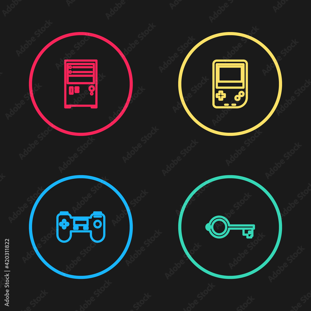 Set line Gamepad, Ancient key for game, Portable video console and Computer icon. Vector Set line Gamepad, Ancient key for game, Portable video console and Computer icon. Vector