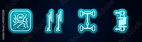 Set line Gear shifter, Windscreen wiper, Chassis car and Shock absorber. Glowing neon icon. Vector