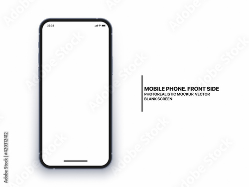 Photo Realistic Mobile Phone IPhone Vector Mockup With Blank Screen Isolated On White Background. Photorealistic Smartphone IPhone 12 Template Concept For App UI UX Graphic Design Presentation