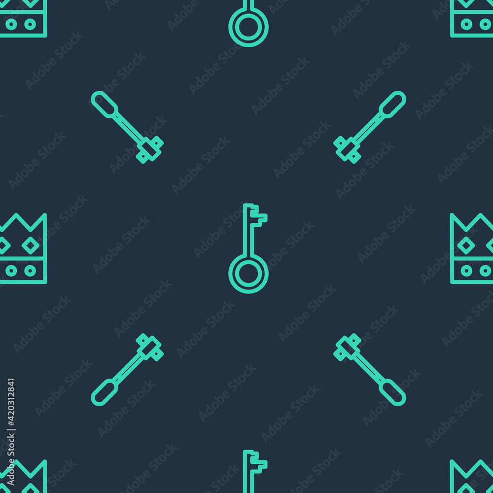 Set line Old key, Torch flame and King crown on seamless pattern. Vector Set line Old key, Torch flame and King crown on seamless pattern. Vector