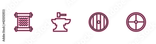 Set line Decree, parchment, scroll, Round wooden shield, Anvil for blacksmithing hammer and icon. Vector