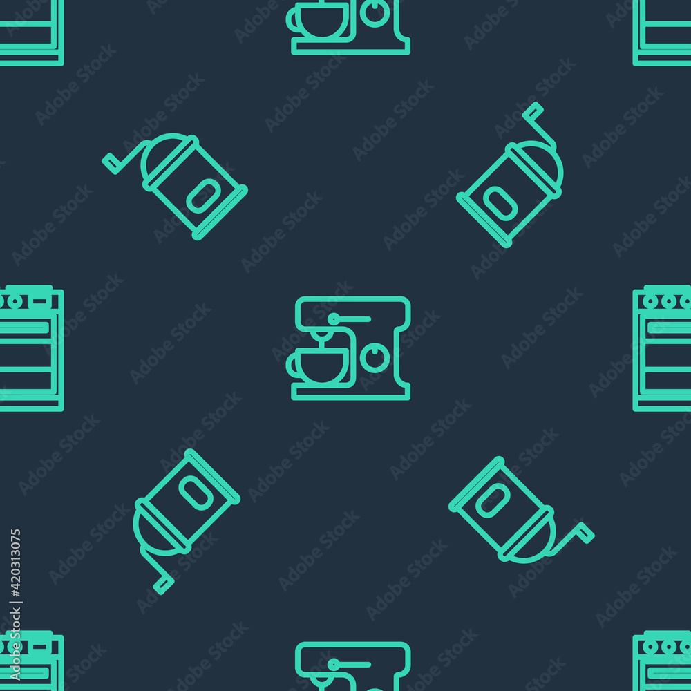 Set line Electric mixer, Manual coffee grinder and Oven on seamless pattern. Vector Set line Electric mixer, Manual coffee grinder and Oven on seamless pattern. Vector
