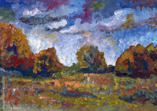 The sky before the storm. Landscape in gouache. Handwork.